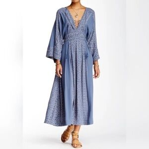 Free People Dress Small Kimono Modern Maxi Tassel Boho Empire Waist Blue READ